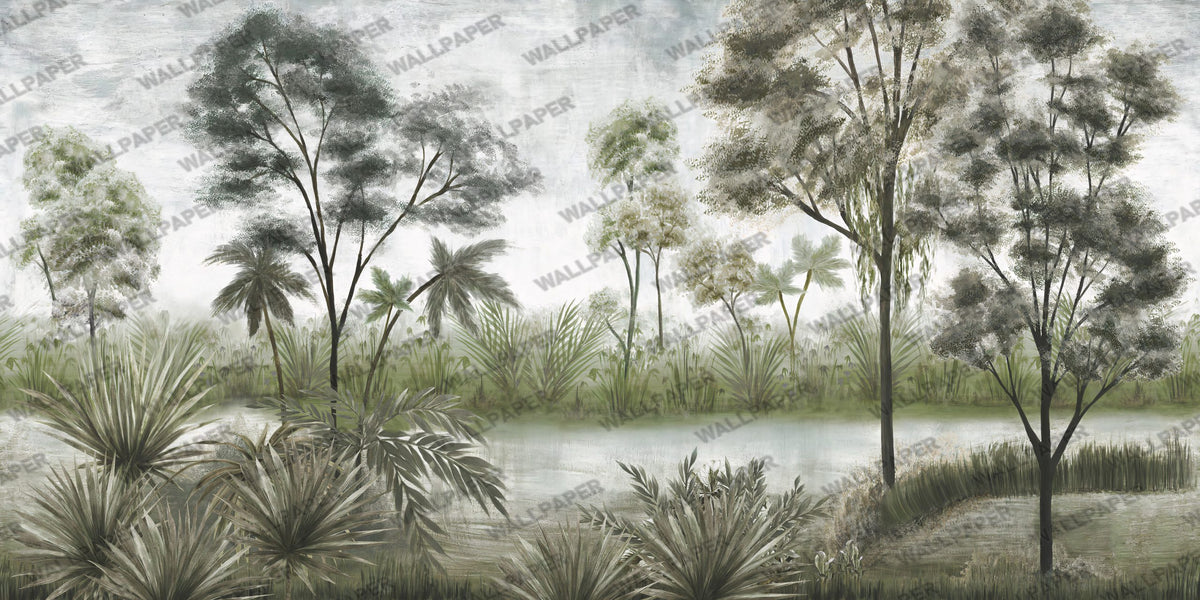 Misty Savanna Wallpaper : Green Tropical Lakeside Mural - flat design