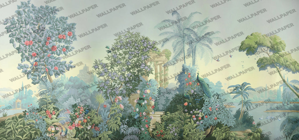 Tropical Ruins Wallpaper : Blue Garden Columns Mural - flat design