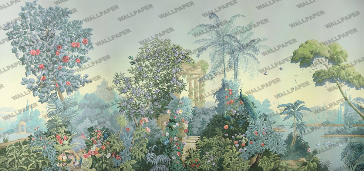 Tropical Ruins Wallpaper : Blue Garden Columns Mural - flat design