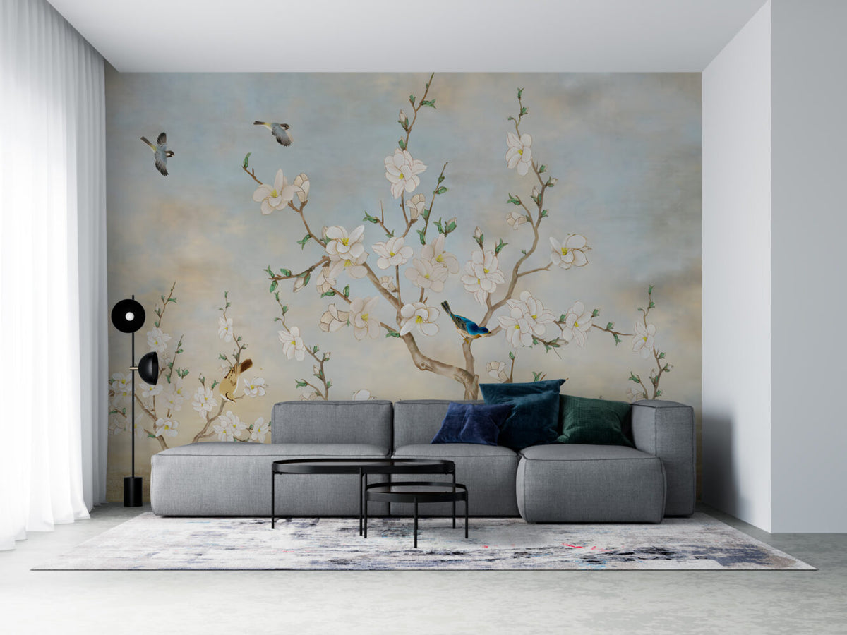 White Magnolia Tree Wallpaper : Bluebird Chinoiserie Mural
