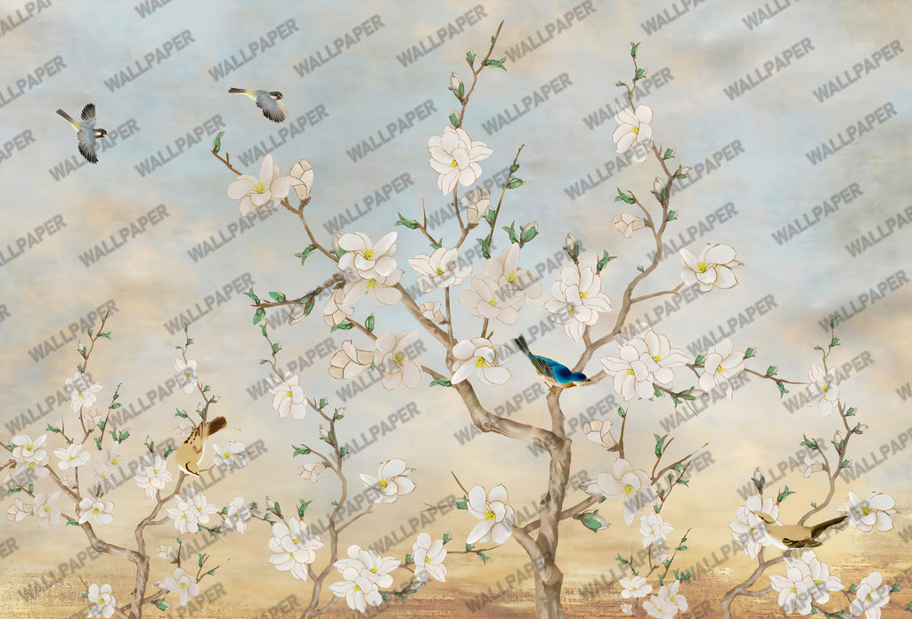 White Magnolia Tree Wallpaper : Bluebird Chinoiserie Mural - flat design