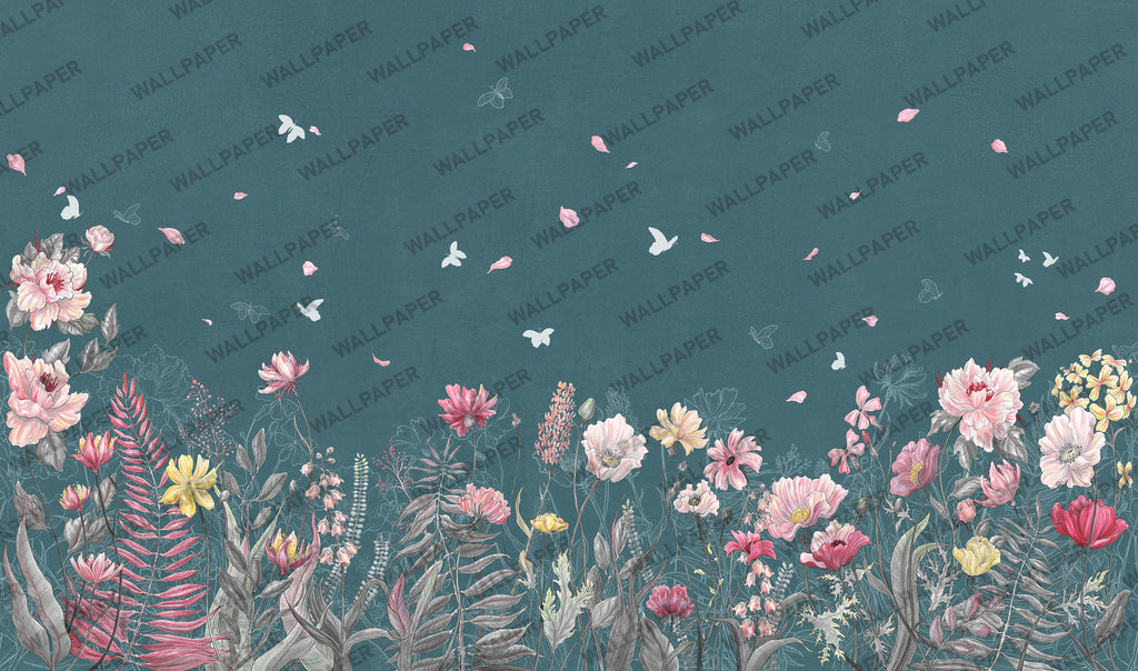 Teal Floral Butterfly Wallpaper : Pink Lotus Garden Mural - View 2