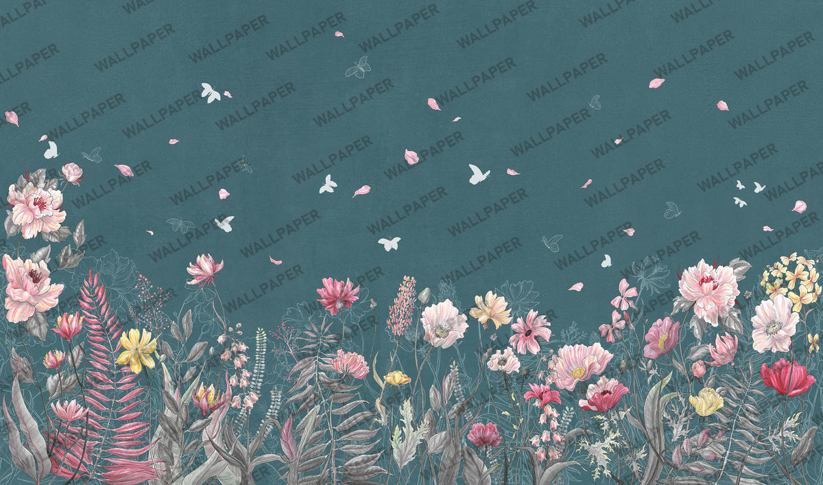 Teal Floral Butterfly Wallpaper : Pink Lotus Garden Mural - View 2
