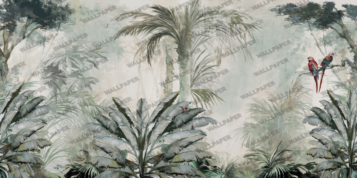 Misty Parrot Forest Wallpaper : Pale Green Tropical Mural - View 2