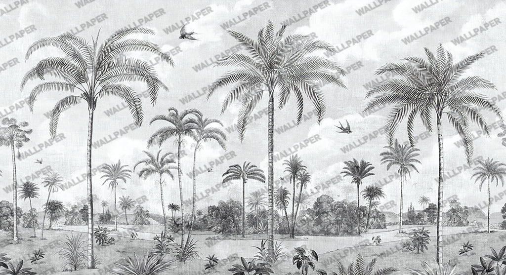 Grey Palm Grove Wallpaper : Vintage Tropical Landscape Mural - flat design