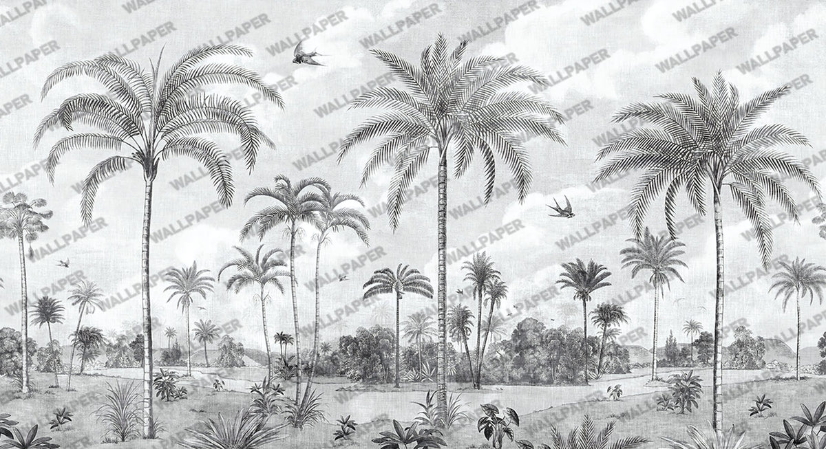Grey Palm Grove Wallpaper : Vintage Tropical Landscape Mural - flat design