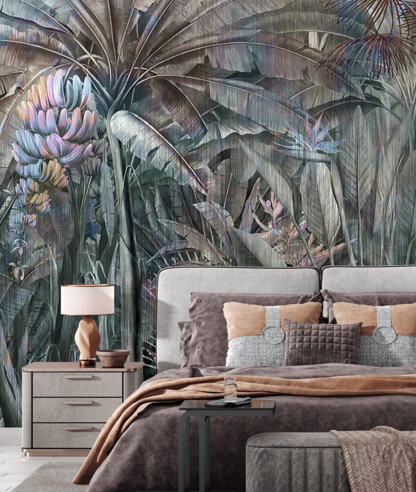 Misty Banana Leaf Wallpaper : Bird of Paradise Jungle Mural - View 3