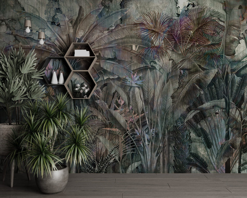 Misty Banana Leaf Wallpaper : Bird of Paradise Jungle Mural - View 6