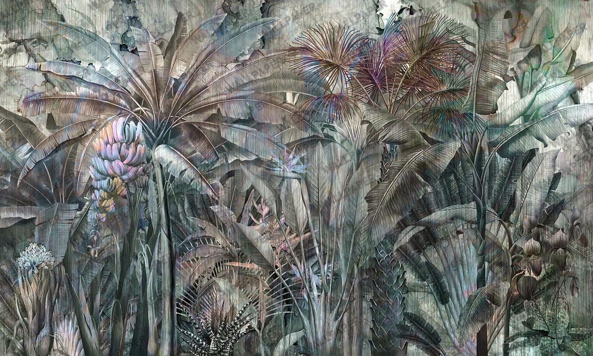 Misty Banana Leaf Wallpaper : Bird of Paradise Jungle Mural - View 2