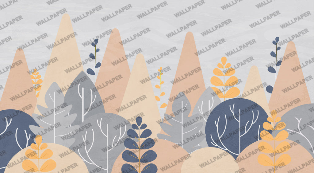 Orange Mountain Kids Wallpaper : Grey Peaks and Trees Mural - flat design