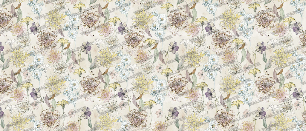Yellow Country Floral Wallpaper : Sketched Chrysanthemum Pattern - flat design