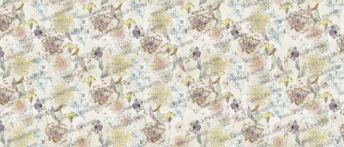 Yellow Country Floral Wallpaper : Sketched Chrysanthemum Pattern - flat design