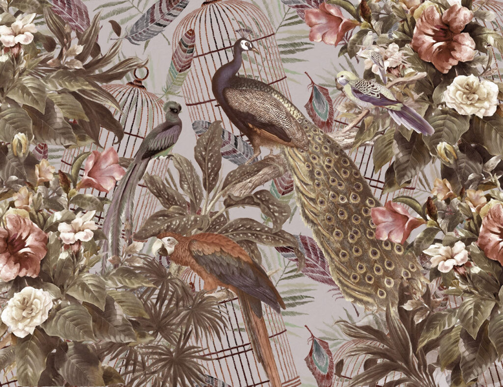 Peacock and Roses Wallpaper : Vintage Bird Cage Botanical Mural - flat design
