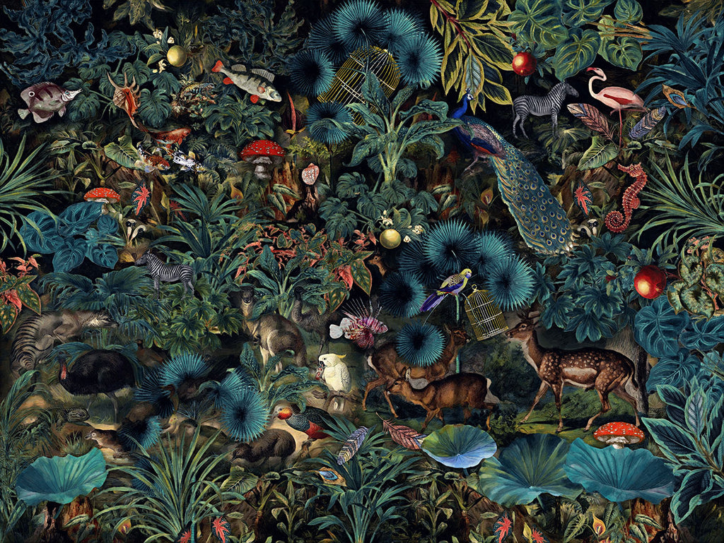 Dark Enchanted Garden Wallpaper : Moody Jungle Wildlife Mural - flat design