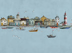 Blue Harbour Houses Wallpaper : Nautical Fishing Village Mural - View 2