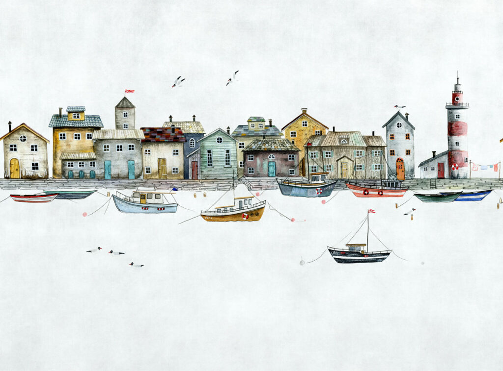 Harbour Houses Wallpaper : Light Nautical Fishing Village Mural - View 2