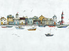 Harbour Houses Wallpaper : Light Nautical Fishing Village Mural - View 2