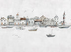 Seaside Village Wallpaper : Harbor Houses and Boats Sketch Mural - flat design