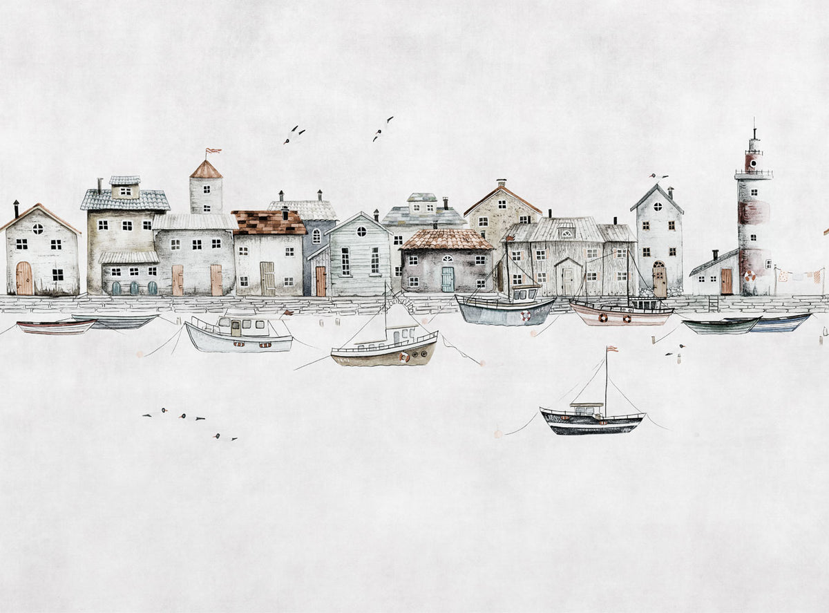 Seaside Village Wallpaper : Harbor Houses and Boats Sketch Mural - flat design