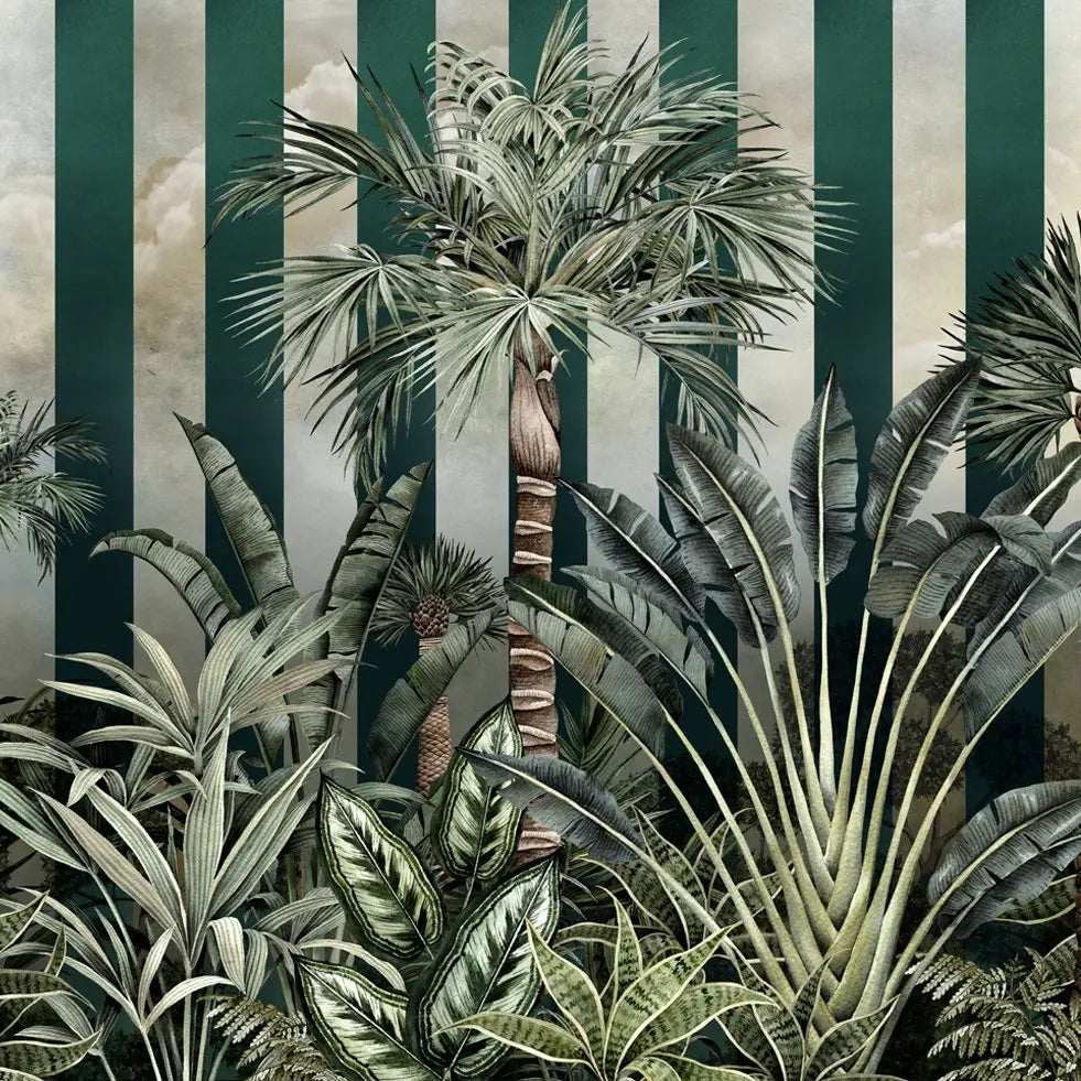 Striped Palm Jungle Wallpaper : Emerald Tropical Plants Mural - flat design