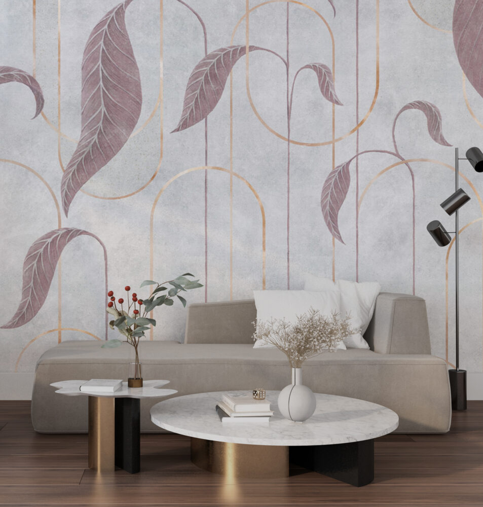Burgundy Art Deco Leaf Wallpaper : Mauve Arches Geometric Mural - View 3