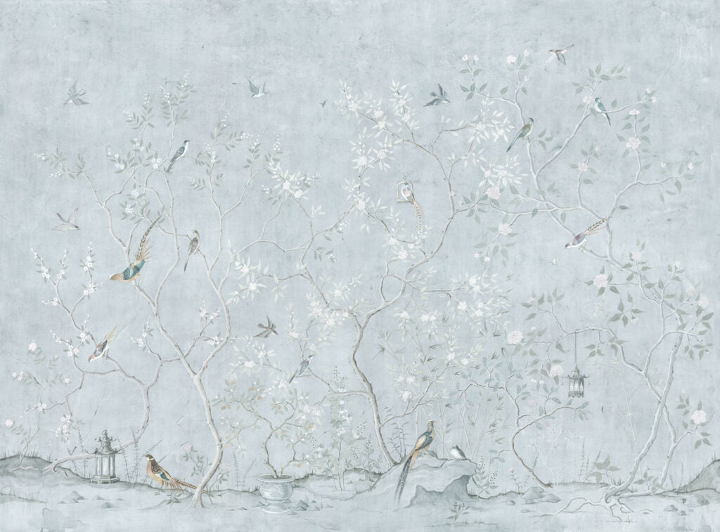 Pale Blue Chinoiserie Wallpaper : Blossom Tree Bird Mural - View 2