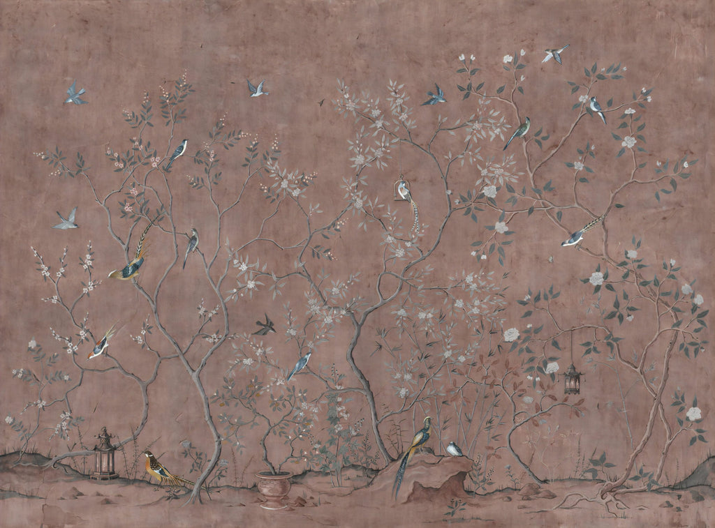 Terracotta Chinoiserie Wallpaper : Blossom Branch Bird Mural - View 2