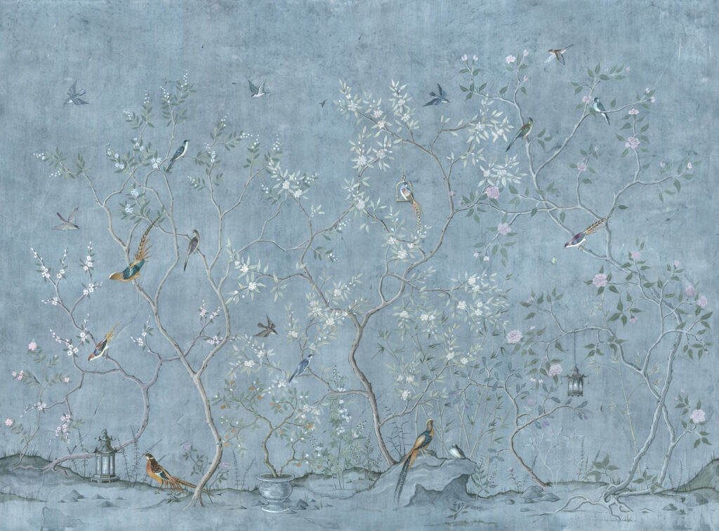 Dusty Blue Chinoiserie Wallpaper : Blossom Tree Songbird Mural - View 2