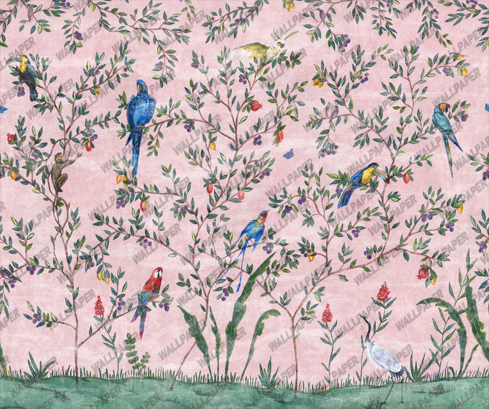 Parrot Branches Wallpaper : Cream Chinoiserie Bird Mural - View 2