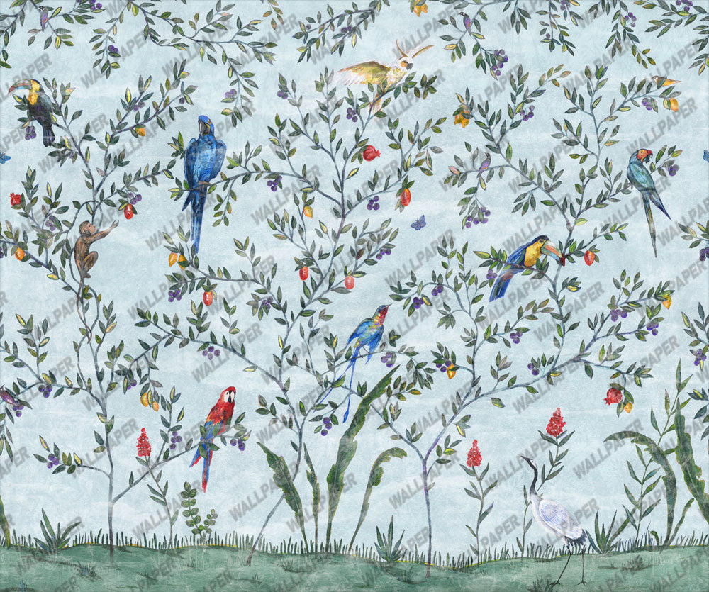 Parrot Branches Wallpaper : Cream Chinoiserie Bird Mural - View 4