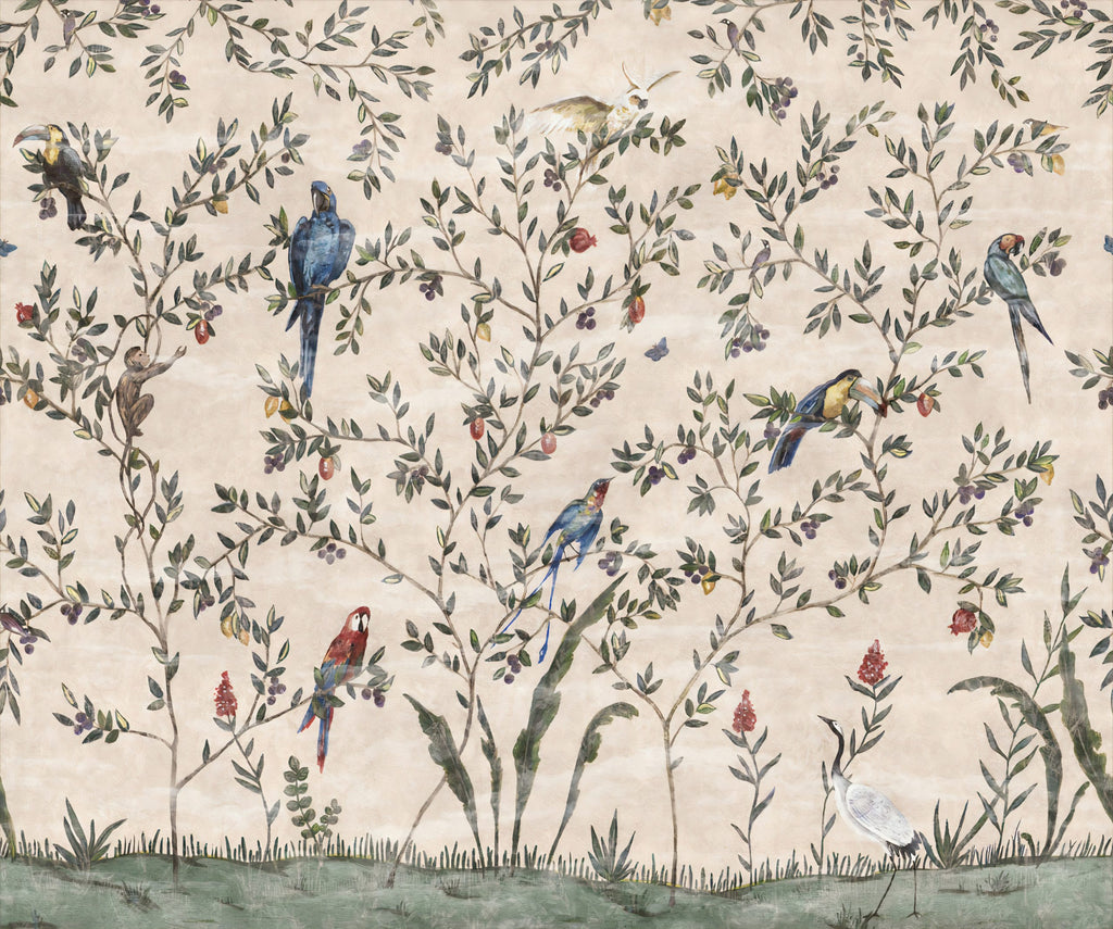 Parrot Branches Wallpaper : Cream Chinoiserie Bird Mural - flat design