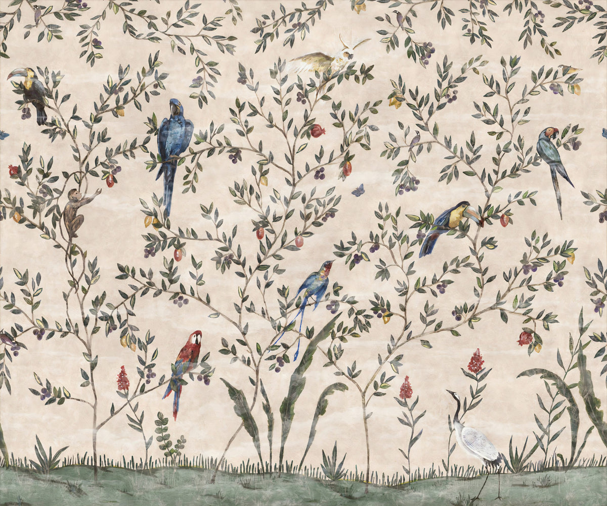 Parrot Branches Wallpaper : Cream Chinoiserie Bird Mural - flat design