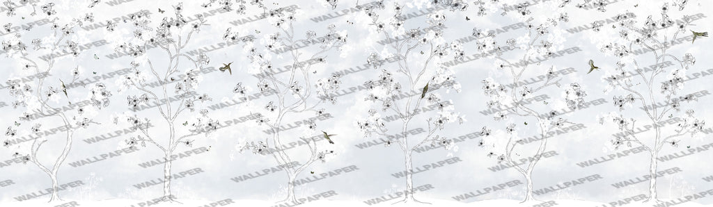 White Blossom Tree Wallpaper : Hummingbird Sketch Mural - View 2