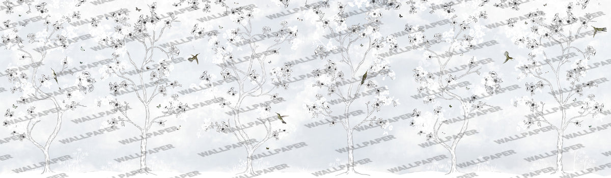 White Blossom Tree Wallpaper : Hummingbird Sketch Mural - View 2