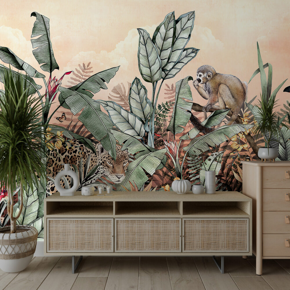 Jungle Leopard Wallpaper : Banana Leaf Monkey Tropical Mural - View 6