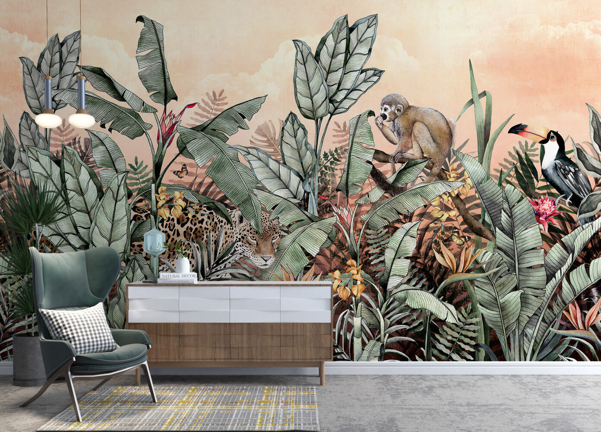 Jungle Leopard Wallpaper : Banana Leaf Monkey Tropical Mural