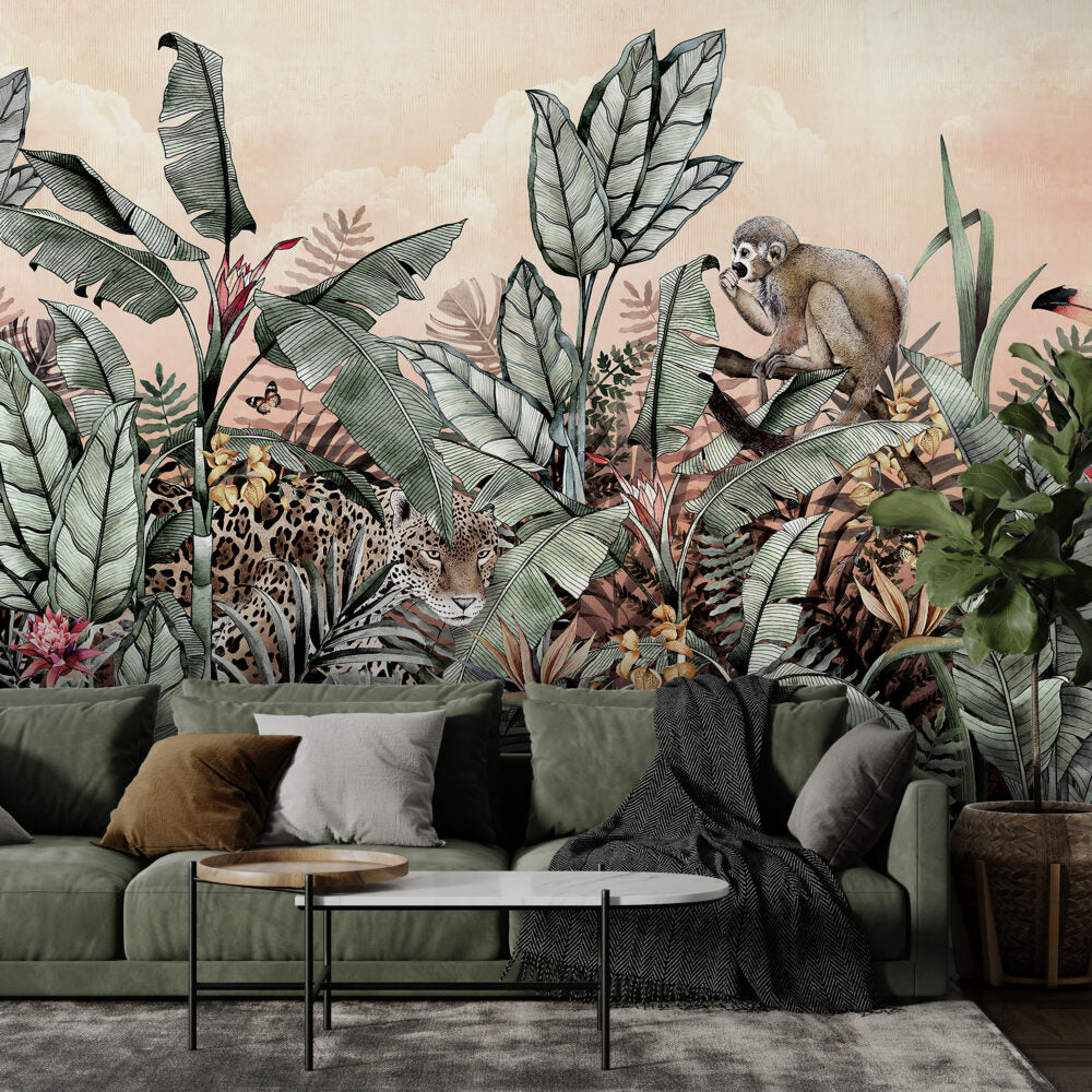 Jungle Leopard Wallpaper : Banana Leaf Monkey Tropical Mural - View 5
