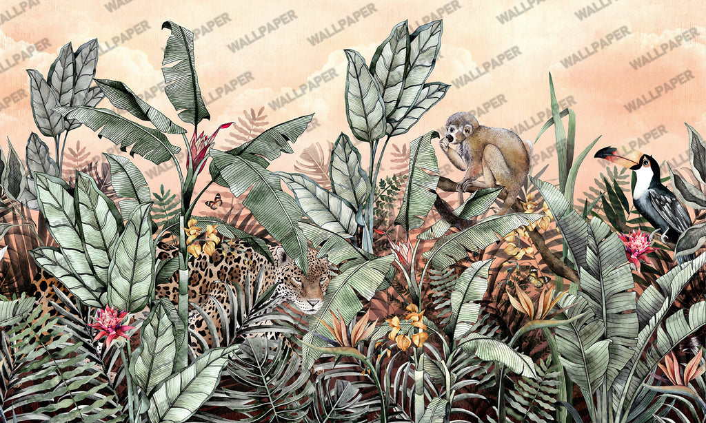 Jungle Leopard Wallpaper : Banana Leaf Monkey Tropical Mural - View 2