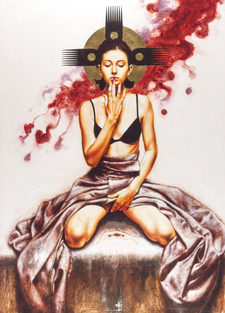 Crimson Muse Wallpaper : Contemporary Figurative Painting Mural - flat design