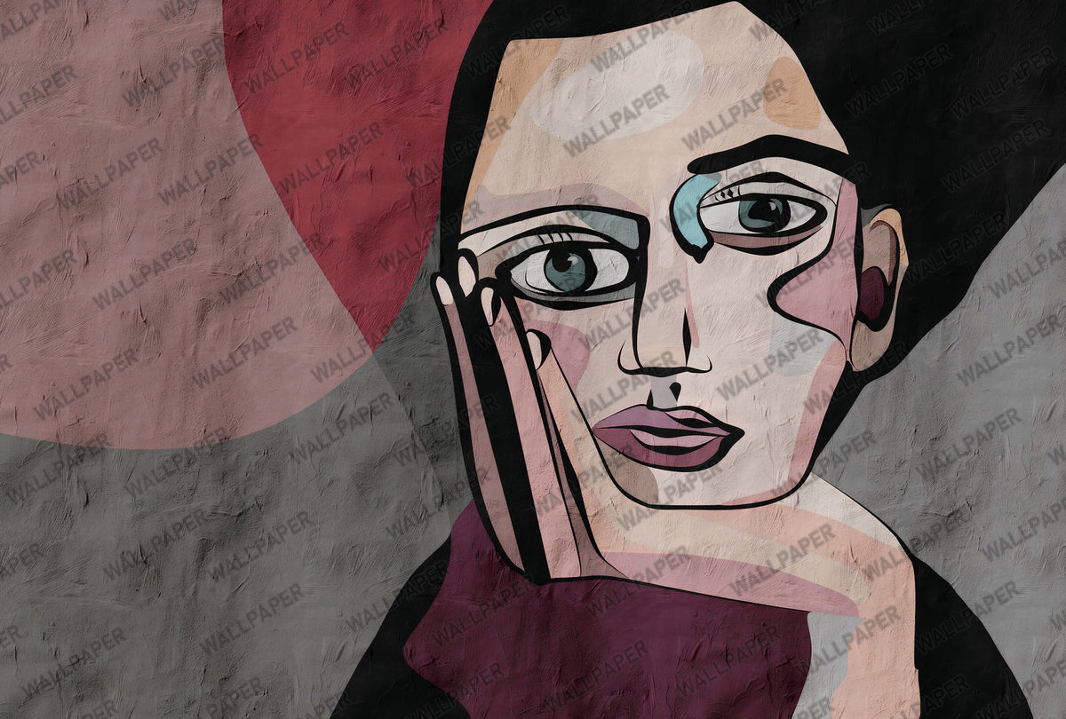 Cubist Woman Portrait Wallpaper : Pink Modern Art Mural - View 2