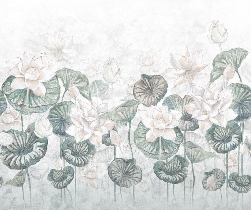 Lotus Leaf Wallpaper : Soft Cream Water Lily Mural - View 2