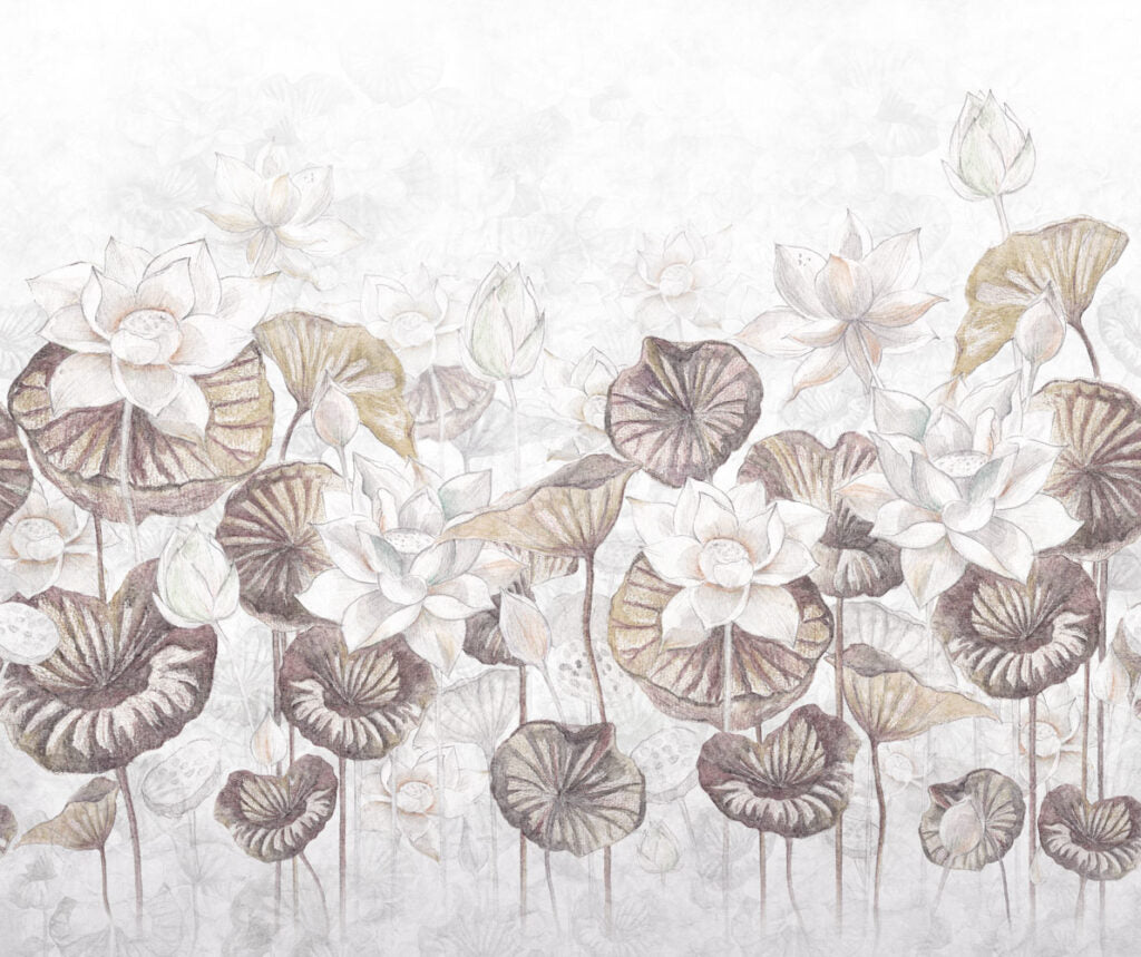 Lotus Leaf Wallpaper : Soft Cream Water Lily Mural - flat design