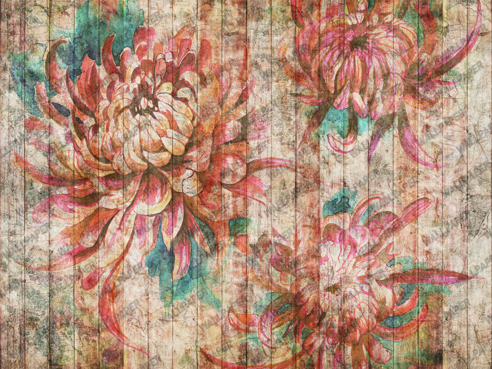 Rustic Wood Floral Wallpaper : Pink Teal Distressed Plank Mural - View 3