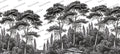 Black and White Pine Forest Wallpaper : Engraved Tree Line Mural