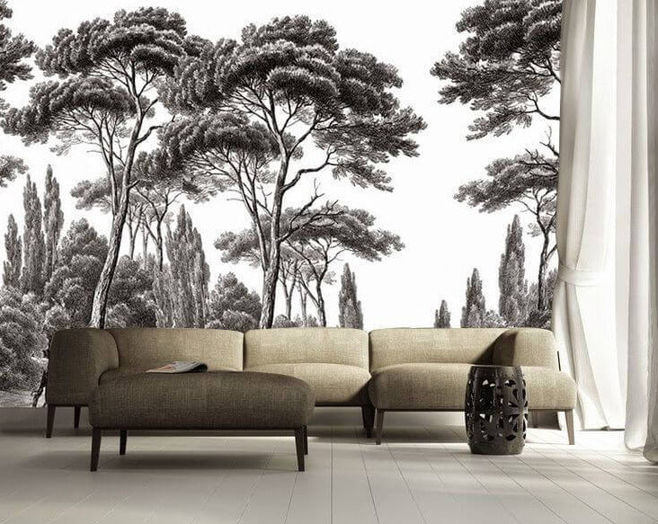 Black and White Pine Forest Wallpaper : Engraved Tree Line Mural - flat design
