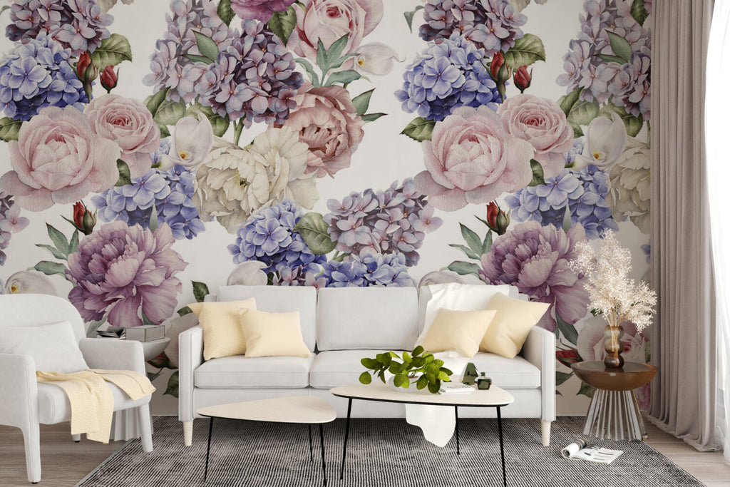 Hydrangea Bouquet Wallpaper : Lilac and Cream Floral Mural