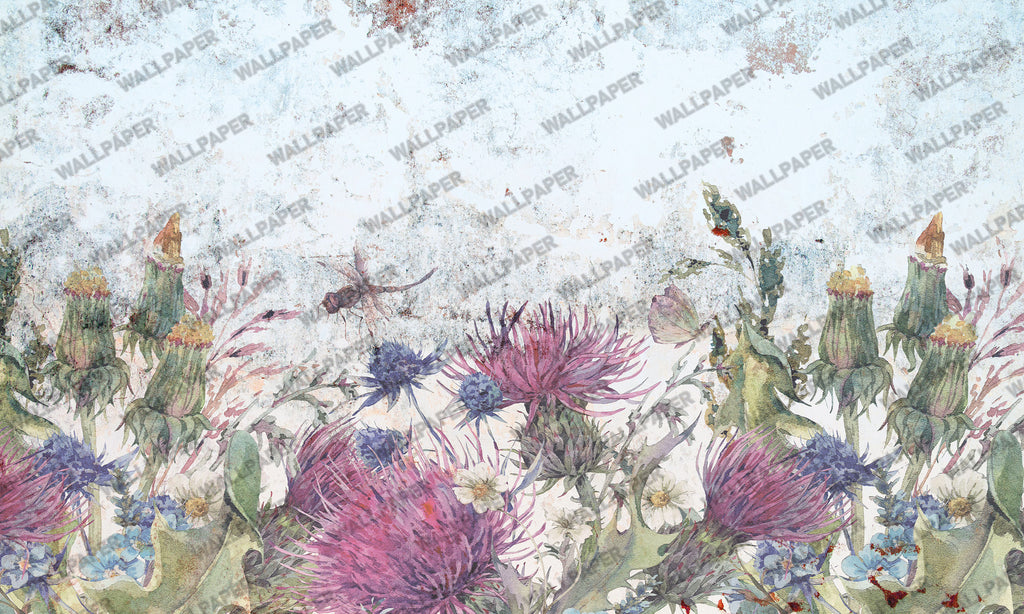 Hanging Pampas Grass Wallpaper : Lilac Distressed Floral Mural - View 2