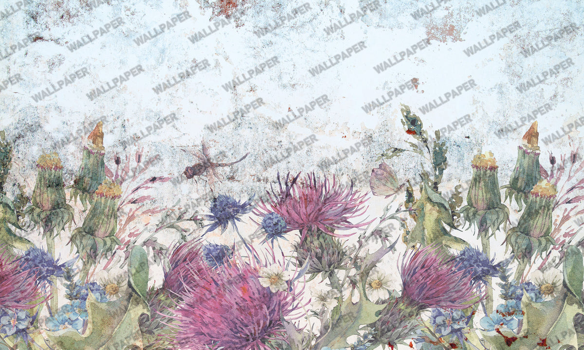 Hanging Pampas Grass Wallpaper : Lilac Distressed Floral Mural - View 2