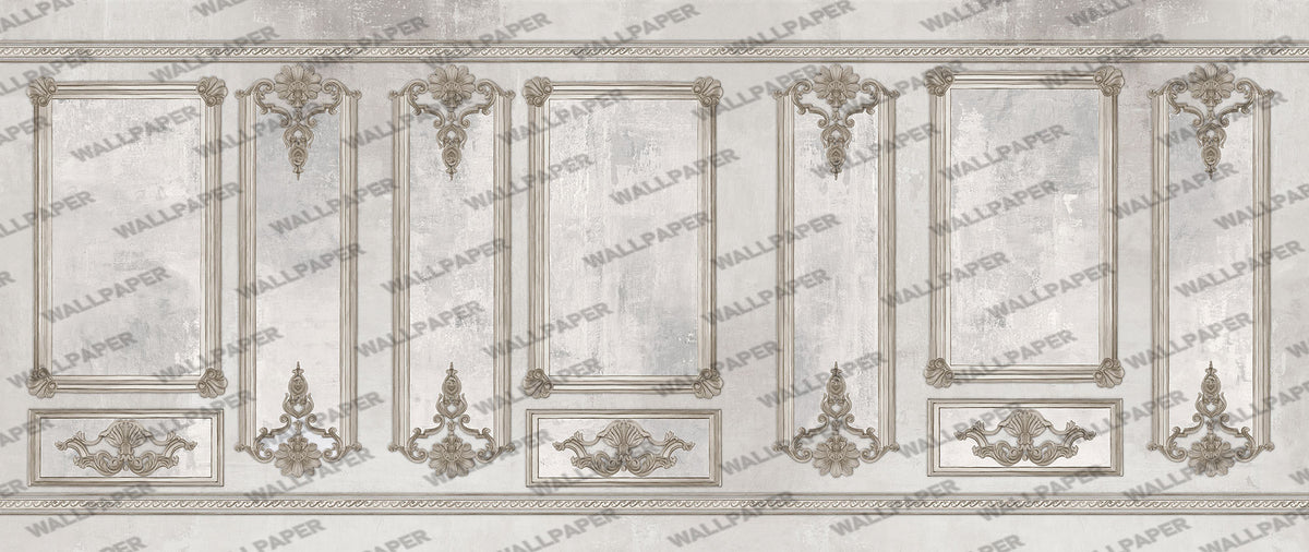 Distressed Wall Panel Wallpaper : Classic Grey Molding Mural - View 2