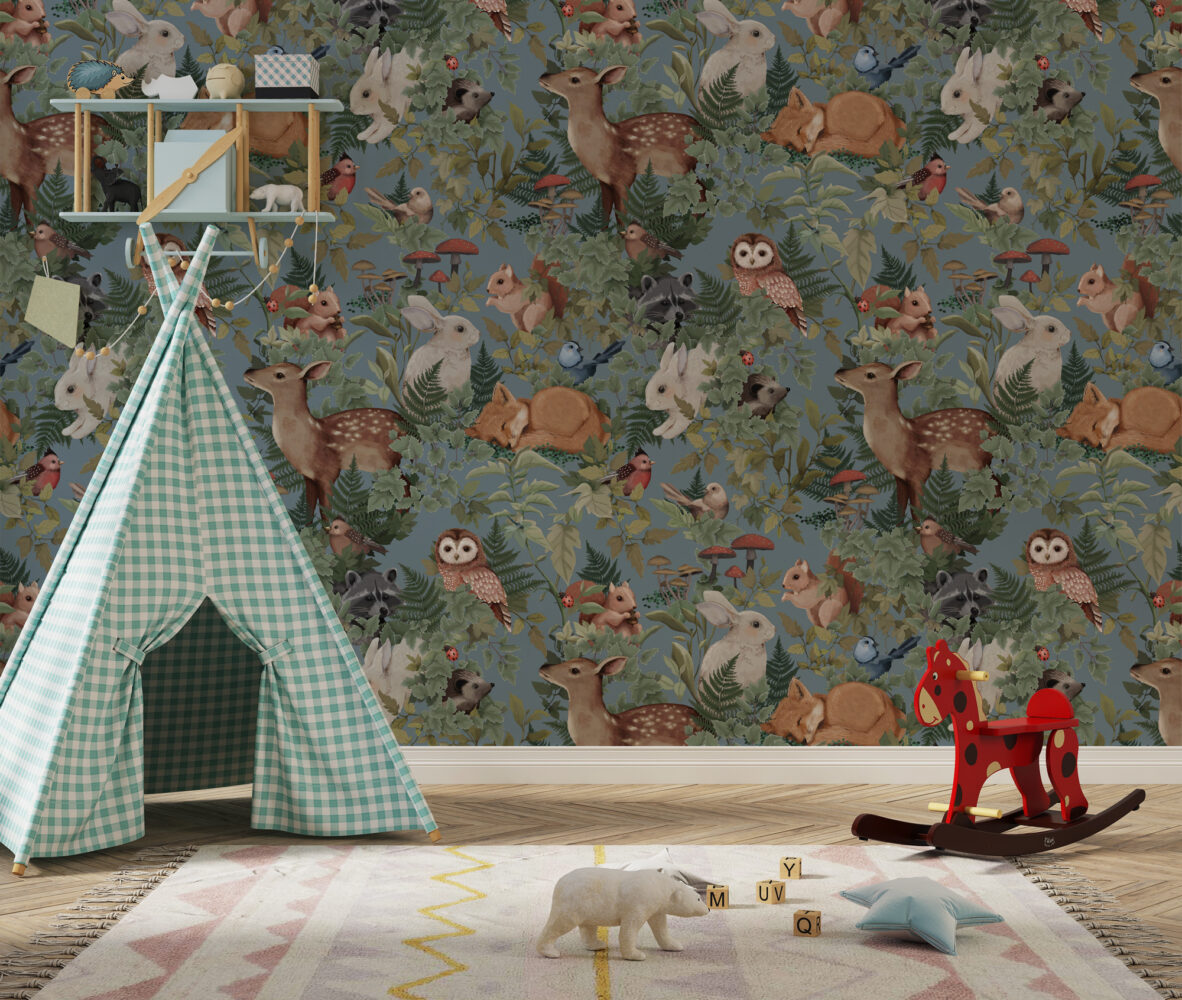 Woodland Animals Wallpaper : Fox Owl Bunny Forest Pattern